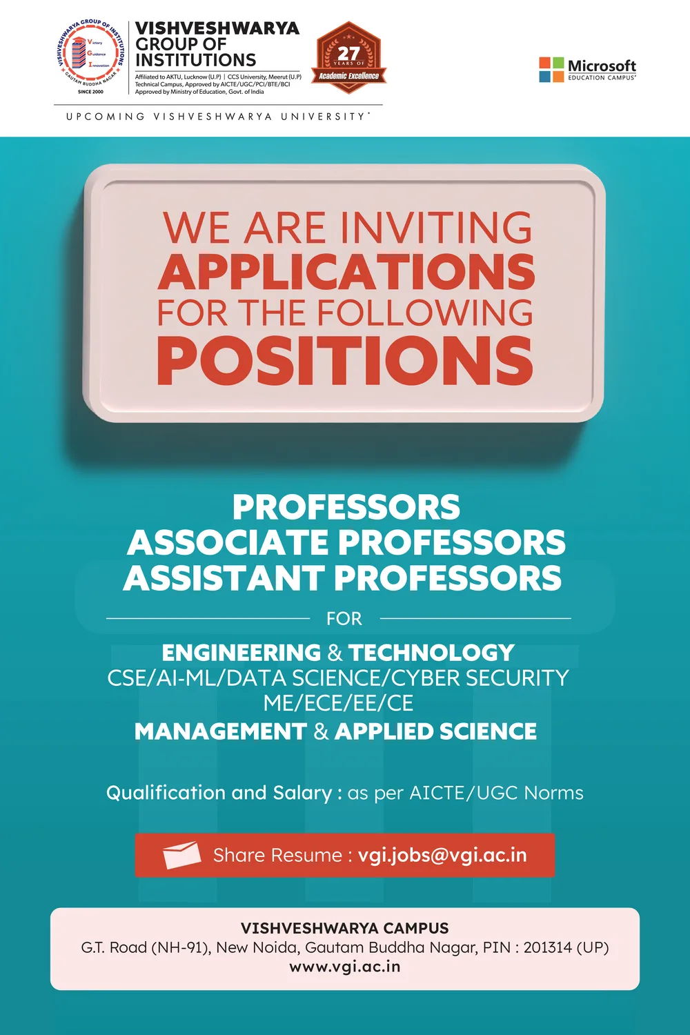 VGI Faculty Recruitment 2026 - Professor, Associate Professor & Assistant Professor positions in Engineering, Management & Applied Science at Vishveshwarya Group of Institutions, Greater Noida